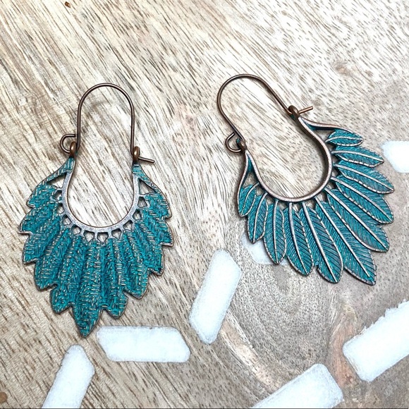 Boho turquoise copper feather Statement Earrings - Picture 2 of 5